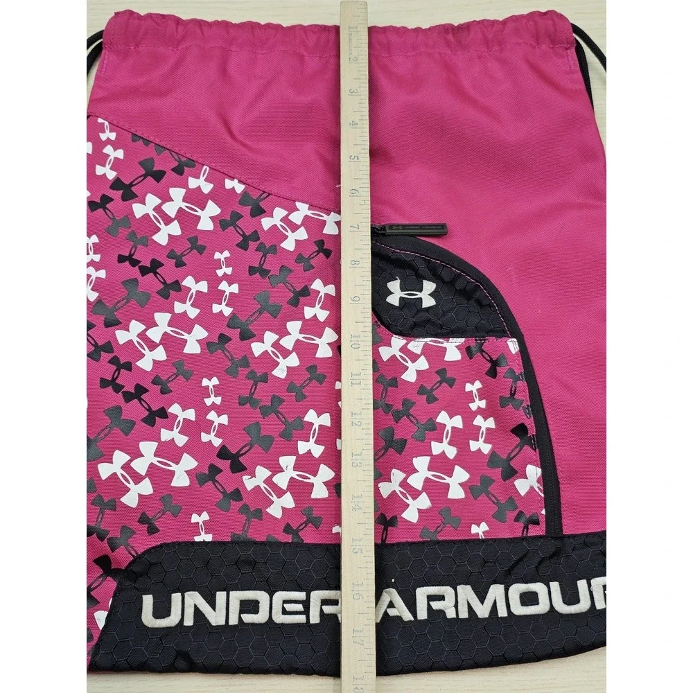 Under Armour Pink Drawstring Sackpack Gym Bag Backpack UA Logo Pattern Zip Pocke